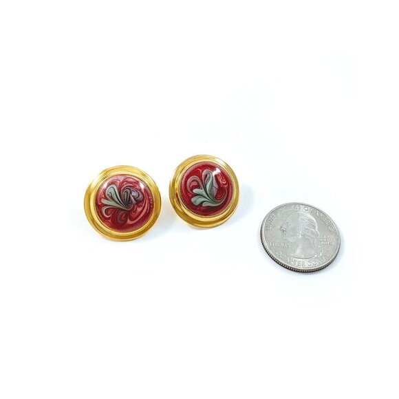 Vintage Round Domed Gold Tone Enamel Swirls Earrings - Picture 2 of 7